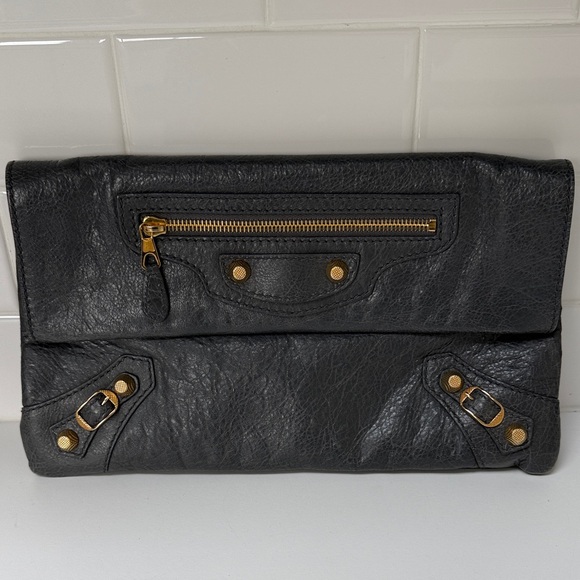 Balenciaga Gray Leather Gold Hardware Motorcross Fold Over Envelope Clutch - Picture 1 of 12